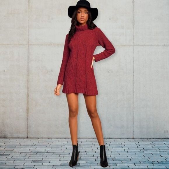 Lulu’s Joyous Cable Knit Turtleneck Sweater Dress Red Maroon Medium - Picture 1 of 12